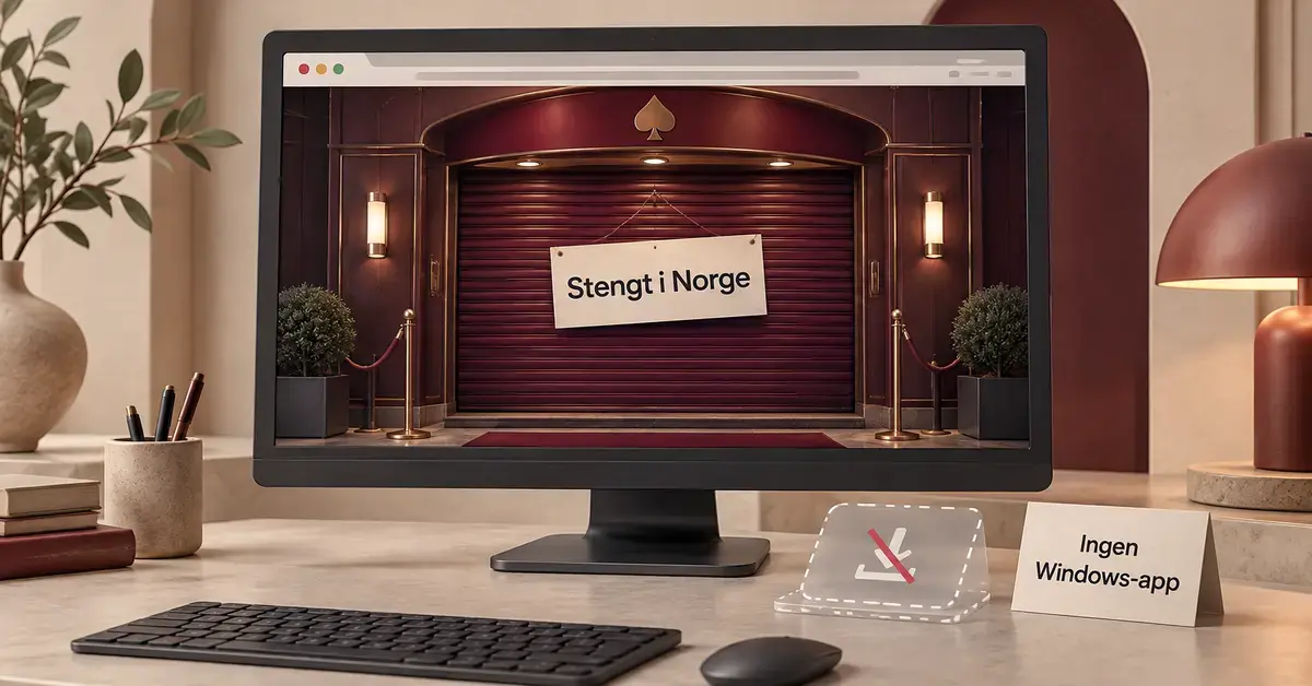 Illustrasjon av en PC-skjerm med en stengt casinoinngang og teksten «Stengt i Norge», samt et overkrysset nedlastingssymbol og skiltet «Ingen Windows-app».